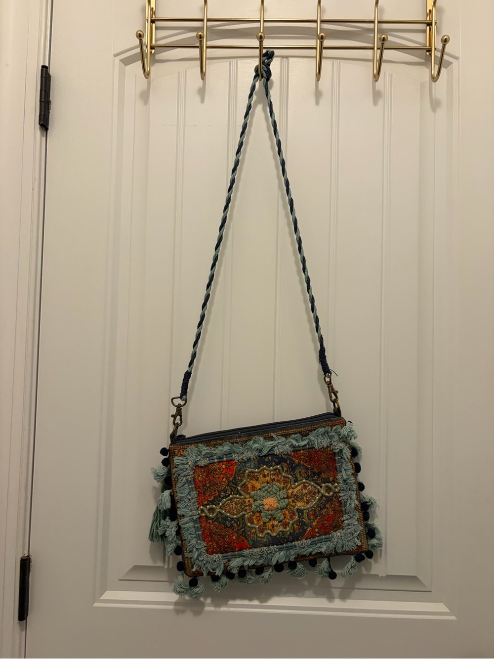 Embroidered Teal and Orange Boho Crossbody Bag